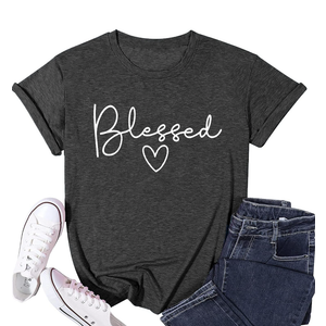 Blessed T-Shirt for Women Cute Heart Graphic Letter Print Sayings Shirts Casual Short Sleeve Thankful Tee Tops L