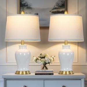 LUXEFLOW White Ceramic Table Lamps Set of 2, 23" Modern Ceramic Bedside Lamps with Ginger Jar Design, Farmhouse Lamp for Living Room End Table, Elegant Bedroom Lamp for Nightstand Desk Side Home Decor
