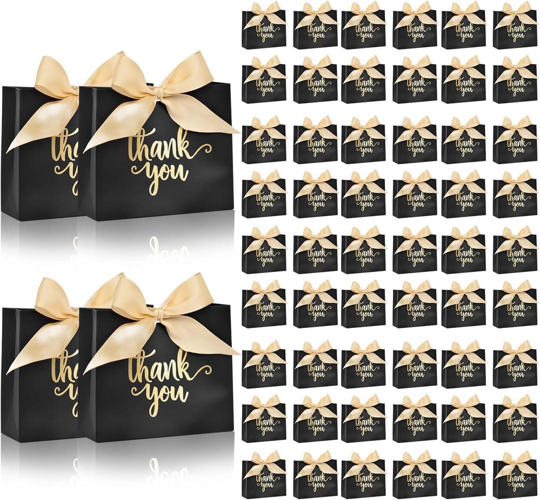 60Pack Small Thank You Gift Bags, 4.5x1.8x3.9 Inches Black Mini Gift Bags with Ribbon Wedding Candy Favor Boxes Birthday Party Favor Bags for Baby Shower Anniversary