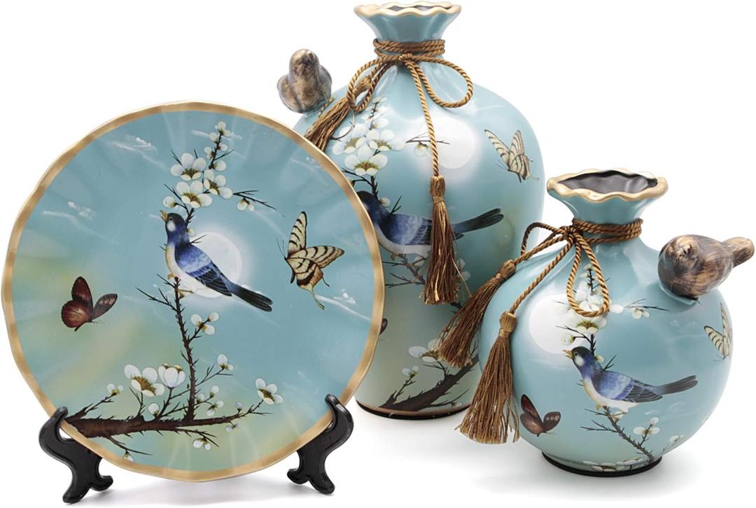 Ceramic Vase Set of 3 for Living Room Decoration, Chinese Classical Vases Set, Blue