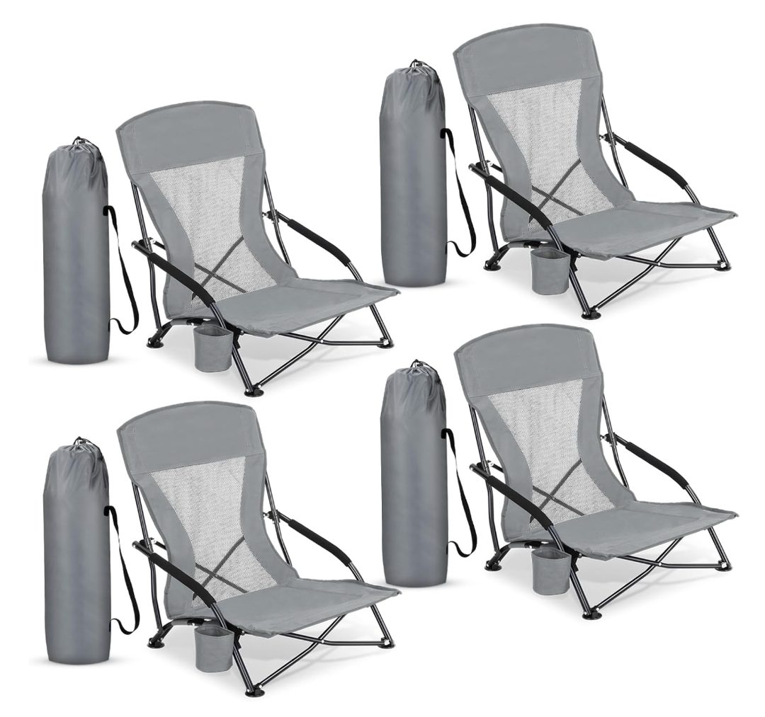 Menkxi 6 Pack Low Beach Chairs for Adults, Portable Folding Sand Chairs with Cup Holder and Carry Bag, Lightweight High Back Camping Chair for Beach Trips, Concerts, BBQ, Lawn, Outdoor (Light Grey)