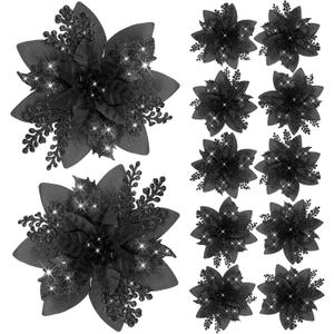 12 Pieces 5.7 Inch Christmas Poinsettia Flower Christmas Glitter Artificial Flower with Clips Xmas Tree Ornament for Wreath Garland Party Decor (Black)