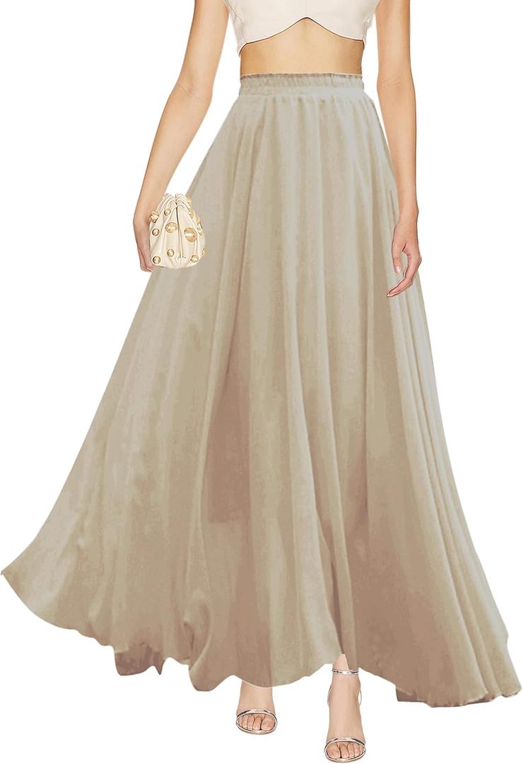 v28 Women Full/Ankle Length Elastic Pleated Retro Maxi Chiffon Long Skirt (XX-Large, Light-coco)
