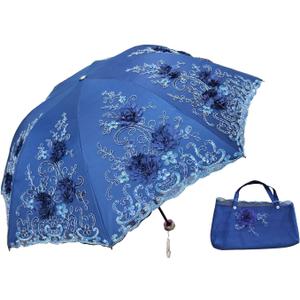 Foldable Lace Parasol Travel Sun Rain Umbrella Compact Anti UV Resistance Princess Sun Umbrella for Women & Girls (3D-Navy blue)