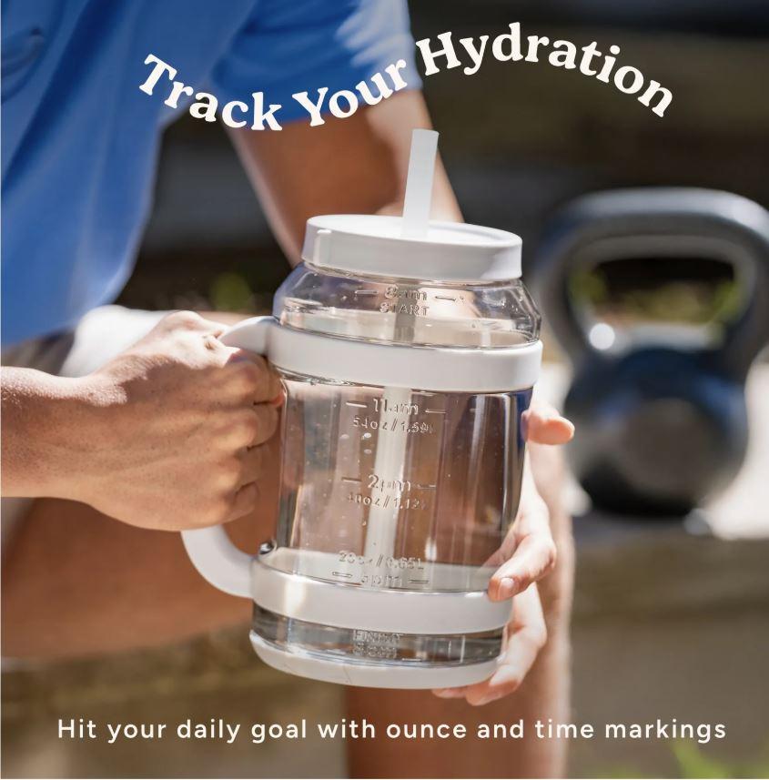 REDUCE WaterDay 80 oz Water Jug with Time/Ounce Markings - Spill-Proof Straw, Durable Tritan - Big Water Bottle for Daily Hydration - Dishwasher Safe, Clear & Easy to Clean, White