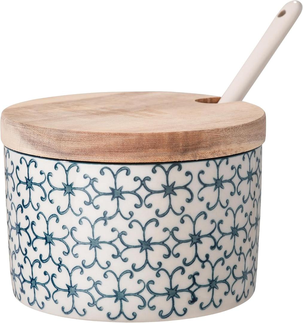 Nordring Sugar Bowl Kristina with Bamboo Lid and Spoon, 9 Oz Jar for Salt, jam, Mustard, Blue, Stoneware, Handmade Stamp Decor