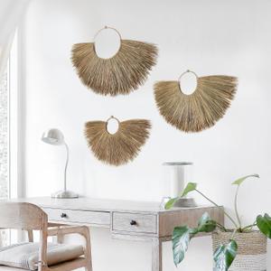 PEMAR Seagrass Wicker Wall Dcor Rustic Fan Hanging Boho Woven Basket Wall Pediment Headboard Home Decorative Farmhouse Art for Apartment, Living Room, Bedroom Decoration (Set of 2 Large-Medium-Small)