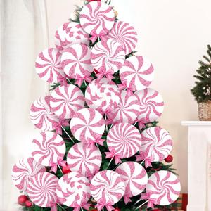 24 Pcs Large Christmas Decorations Indoor: Pink White Peppermint Lollipop Christmas Tree Picks Swirl Lollipop Decorations for Xmas Tree Topper Home Office Party Vase Decor