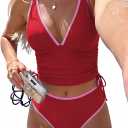 ZAFUL Women's Tankini Swimsuits Tummy Control Two Piece Bathing Suits | High Waisted, V Neck, Removable Soft Cups, Adjustable Straps, High Rise, Modest Swim Suit For Beach Vacation Pool (Red, M)