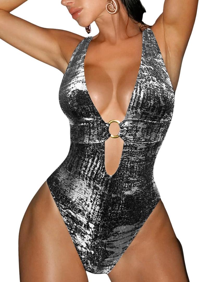 Women's Metallic One Piece Swimsuit Sexy Plunge Cutout Bodysuit Festival Rave Outfits (Medium)