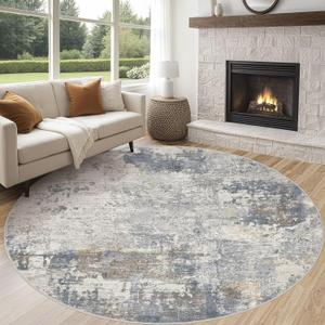 UERMEI 8ft Round Area Rug Living Room Rugs - 8x8 Washable Neutral Modern Abstract Soft Thin Rug Indoor Floor No Slip Rug Carpet for Bedroom Under Dining Table Home Office Decor - Blue Grey