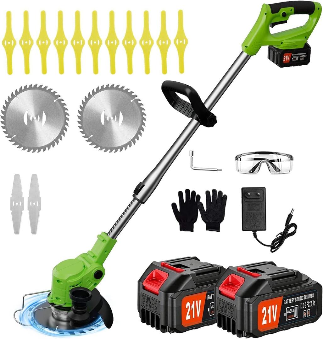 Electric Weed Wacker Cordless, 21V Weed Cordless Eater with 2Pcs 4.0Ah Batteries,3 in 1 Brush Cutter, Lightweight Grass Trimmer/Lawn Edger for Garden Yard