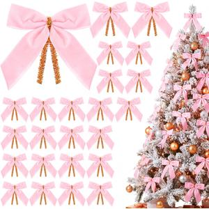 Riceshoot 24 Pcs 3.5 Inch Velvet Christmas Bows for Christmas Tree Rustic Wreath Bows Vintage Xmas Twist Tie for Treat Bakery Candy Bags Gift Wrapping Home Decor(Pink)