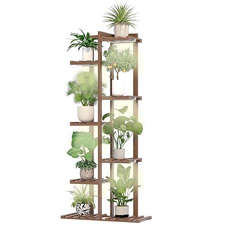 Solatmos Wood Plant Stand With Grow Lights Indoor Plants Outdoor Corner Plant Shelf Flower Stands for Living Room Patio Garden Corner Balcony (Brown, 7 Tier)