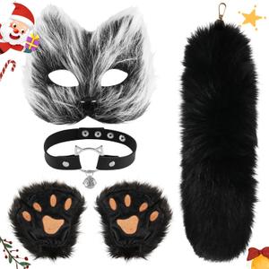 Therian Mask and Tail Set,Faux Fur Therian Tail Set,Therian Gear Paws,Fox Cat Mask Therian Tail For Christmas Party Cosplay (BLACK)