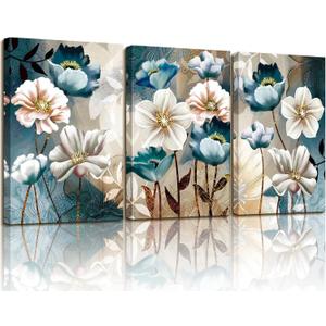 SERIMINO 3 Piece Lotus Flower Canvas Wall Art for Living Room, Blue Floral Picture Wall Decor for Dining Room Bedroom, Art Print Painting for Home Decorations 12"X16" (White and Indigo Blue Lotus)