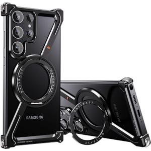 OATSBASF Minimalist Phone Case Compatible with Samsung Galaxy S24 Ultra, 360 Rotation Kickstand Aluminum Metal Frameless Design Bumper Case, Protective Shock Grade Shell, Black