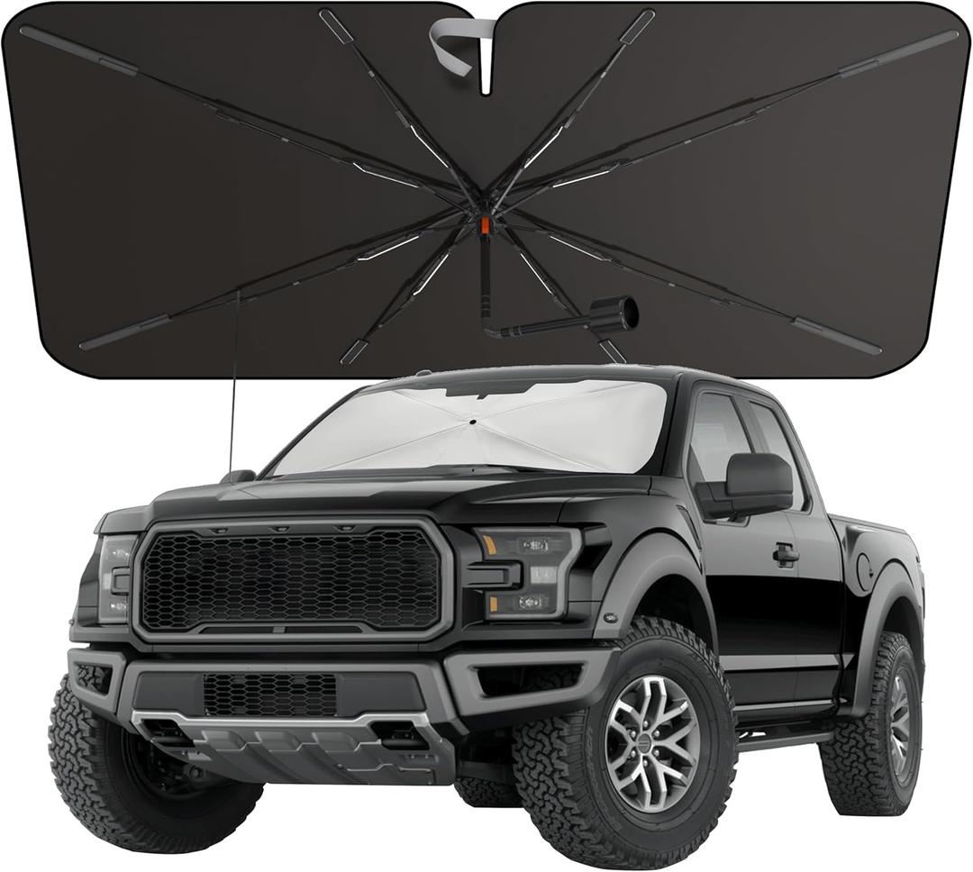 EcoNour Premium Umbrella Windshield Sun Shade for Car | Foldable UV Blocker Front Windshield Sunshade | Umbrella Shade Accessories with Storage Pouch | Full Size SUVs &MPV| Large - 61"x35" (Silver - Black)