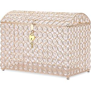 ELLDOO Crystal Wedding Card Box with Heart Lock, 12.6" x 6.3" x 9.4" Money Card Box Treasure Chest Style Gold Gift for Wedding Receptions, Centerpiece Decor, Anniversary, Keepsake, Gift Display Box