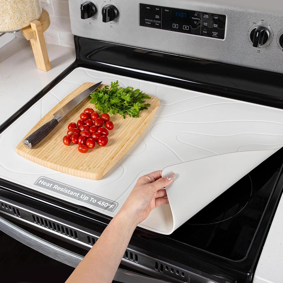 Stove Top Covers for Electric Stove - Silicone Stove Mat for Glass Top Stove - 28"x20" Stove Top Protector, Heat Resistant (450F), XL Dish Drying Mat, Stove Cover  Pearl White