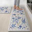 GENIMO Kitchen Mats for Floor 2PCS, Cushioned Kitchen Rugs Non Slip Washable, Farmhouse Anti Fatigue Mat Waterproof, Comfort Standing Mat Rug for Office, Home, Laundry, 17.3"x47"+17.3"x30", Beige&Blue
