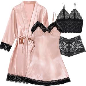 Hellomamma Women's Silk Pajama Set: 4-Piece Satin Robe Lingerie Sexy Sleepwear Lounge Set for Brida Wife Girlfriend (Medium, Pink)