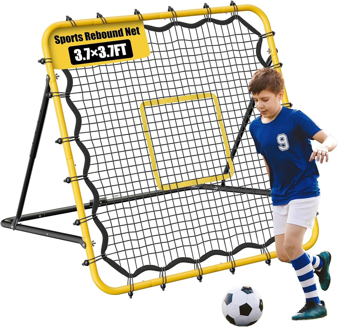 3.7×3.7FT Soccer and Baseball Rebounder Net,Volleyball Rebounder,Pitch Back Net,Multi-Sport Training Rebound Net,with Pitching Target,Adjustable Angles