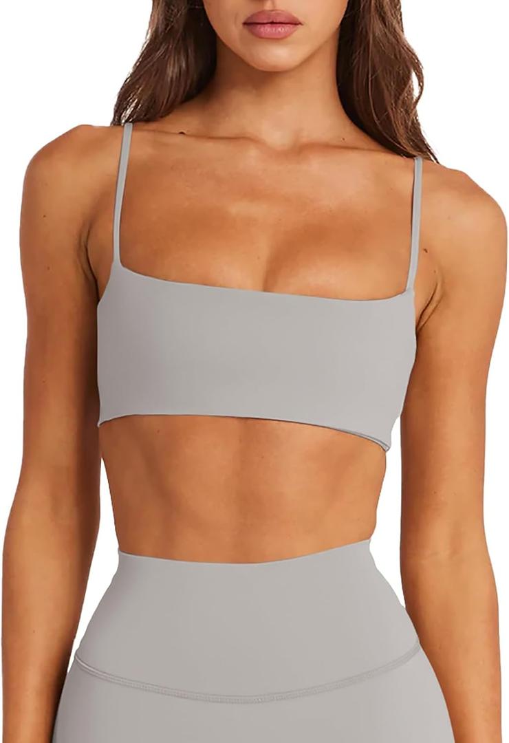 LASLULU Womens Adjustable Spaghetti Straps Sports Bra Square Neck Wireless Padded Workout Yoga Crop Tops (Beige, S)