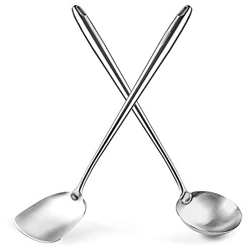 YOSUKATA 17’’ Wok Spatula and Ladle - Set of 2 Heat-Resistant Wok Tools - Universal Wok Ladle and Spatula - High-Grade 304 Stainless Steel Cooking Utensils and Wok Accessories - Solid Wok Utensils