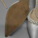 Coutgo Womens Pearl Kitten Heels Closed Pointed Toe Wedding Bride Dress Shoes Ankle Strap Satin Pumps, White, Size 7.5