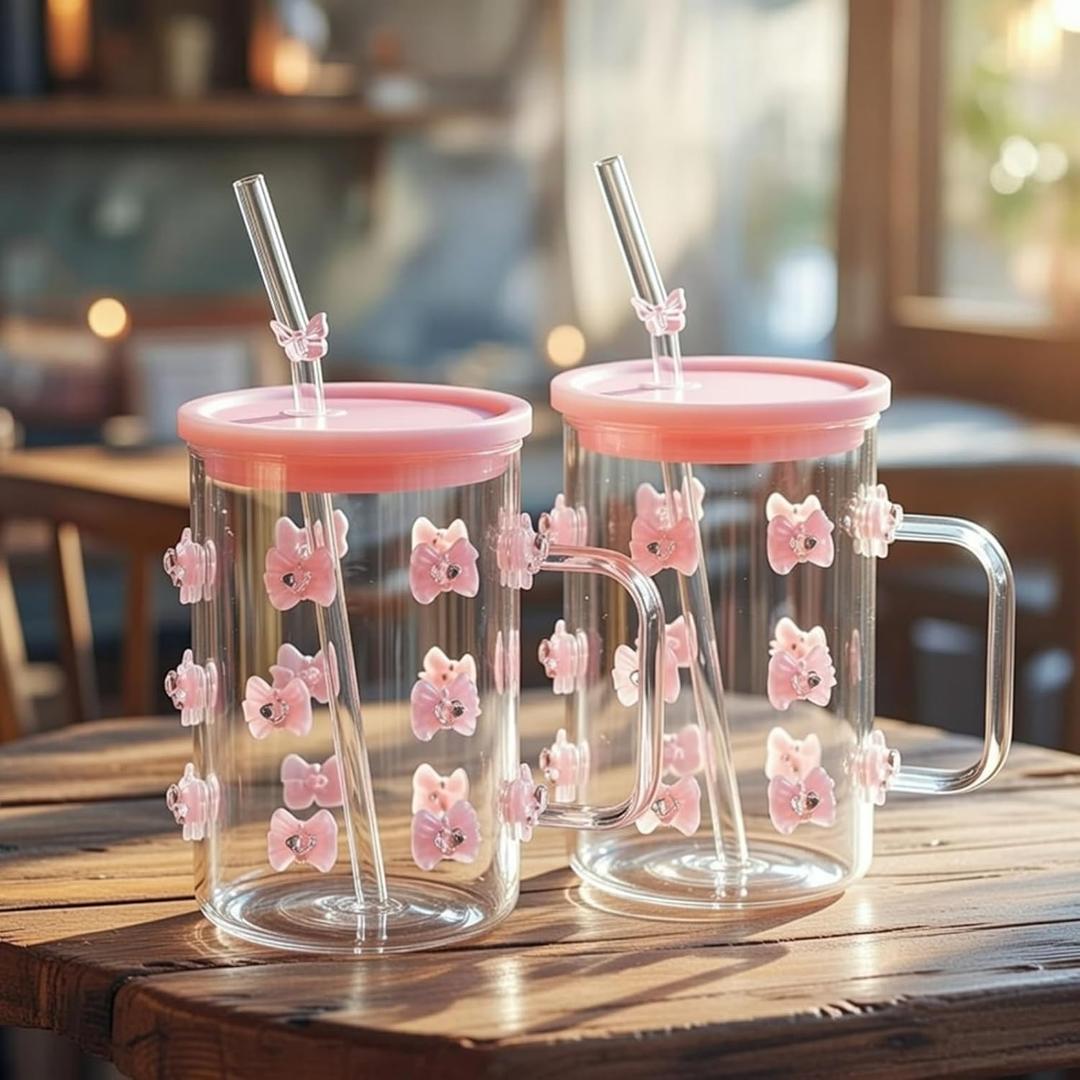 Skylety 2 Pcs Valentine's Galentine's Day Glass Mugs 3D Pink Bow Glass Cup with Lid and Straw 17 oz Coquette Aesthetic Iced Coffee Cup with Handle for Women Girls Valentine's Galentine's Day Gift