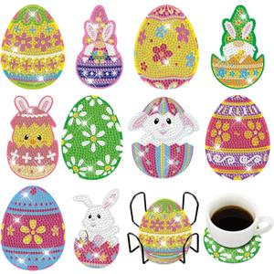 FairySandy 10 Pcs Easter Diamond Painting Coasters Egg Bunny Flower Easter Diamond Art Coasters with Holder 5d Art Painting Kits for Adults Beginner
