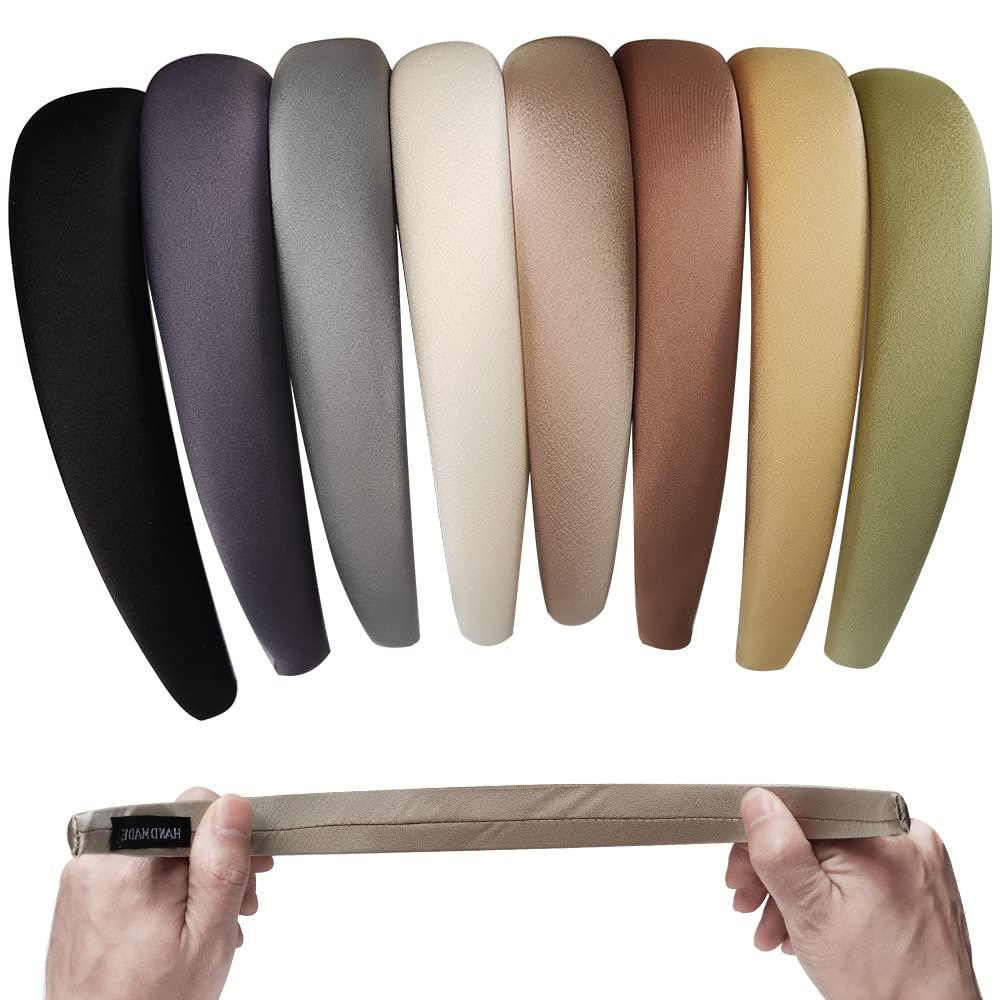 8 Pcs Satin Headbands for Women,Fashion Pearly Lustre Solid Color Wide Headbands for Girls Thick Soft Padded Headband, Cloth Art Hair Hoop Glitter Vintage Hair Accessories (Color A)