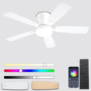 Ayaoty Ceiling Fans with Lights, 48-inch Low Profile Ceiling Fan with Light and Remote Control, Flush Mount RGB Dimmable Light, Noiseless, White Ceiling Fan for Bedroom Indoor/Outdoor Use