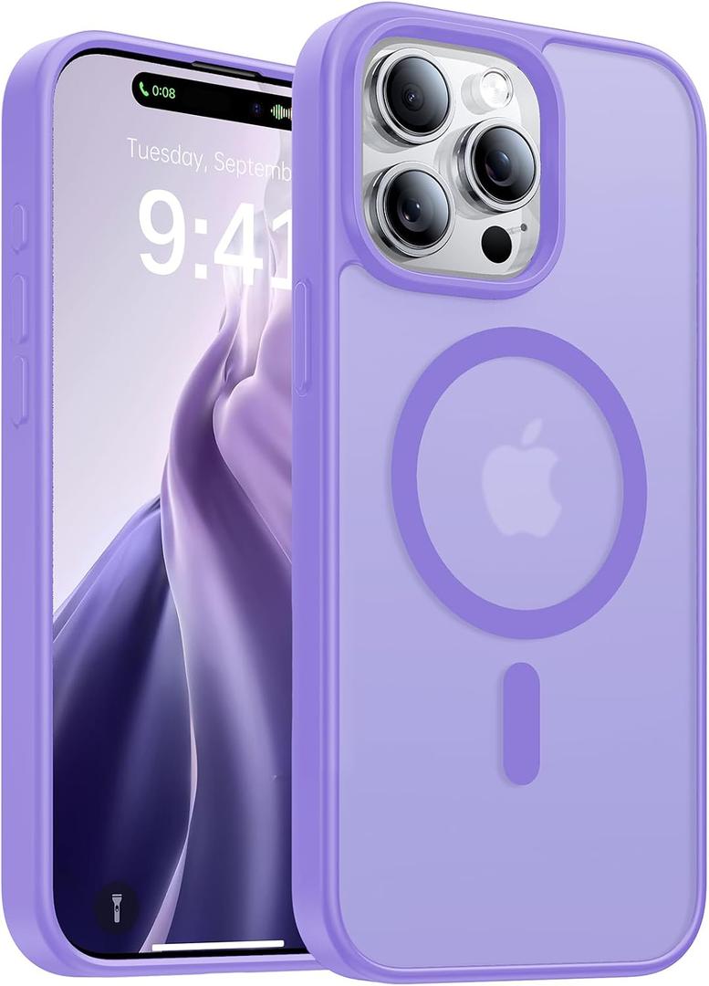 Magnetic for iPhone 15 Pro Case,[Compatible with MagSafe][Military-Grade Drop Protection][Anti-Yellowing]Shockproof Protective Translucent Matte Cover for iPhone 15 Pro Phone Case,Light Purple
