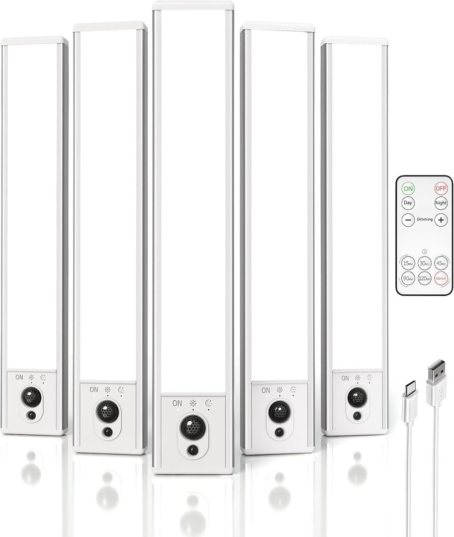 EZVALO 5 Pack Under Cabinet Lighting, 2400mAh Motion Sensor Light, LED Closet Lights Wireless, 6500K Dimmable, Timer, Magnetic, with Remote Control for Kitchen, Closet, Stair