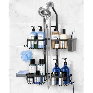 Adjustable Shower Caddy Hanging for Handheld Showerheads - Never Rust Shower Hanging Organizer, Upgraded Bathroom Shower Rack with Soap Basket, Hooks and Toothbrush Holder (Black)