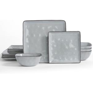 Famiware Dinnerware Sets for 4, Ocean Square 12-Piece Kitchen Plates and Bowls Sets, Reactive Glaze, Microwave and Dishwasher Safe, Scratch Resistant, Grey (Gray)