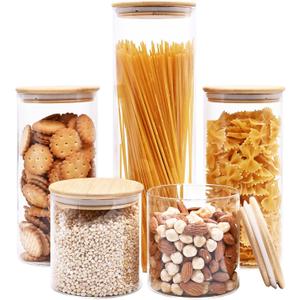 SHOWIN Glass Food Storage Jars, Glass Jars with Bamboo Lids, Kitchen Storage Jars, Canisters with Airtight Lids for Spice, Coffee, Cookie, Set of 5, Pantry Organizers