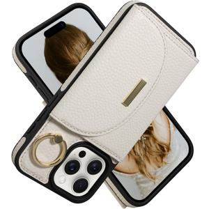 Keallce Wallet Case for iPhone 16 Pro 6.3'', Flip Case with Card Slots, Ring Holder Kickstand, PU Leather Protective Folio Cover for Women, Beige