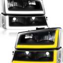GORWARE Headlights for Silverado 2003 2004 2005 2006 2007, with LED DRL Tube + Sequential Switchback, Black Headlights Housing Assembly with Black Housing Clear Lens Clear Reflector