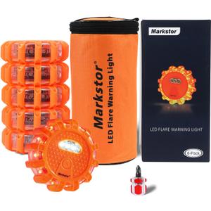 6-Pack LED Road Flare Car Emergency Kit,Magnetic Base & Hook Road Flares Safety Light With 9 Flashing Modes,Roadside Flares Emergency Lights For Vehicles (6 Pack)