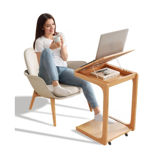 Wooden C-Shaped End Table,Couch Table with Adjustable Desktop,Small Rolling Side Table with 2 Lockable Wheels,Small End Table for Couch, Living Room,Bedroom (Natural)