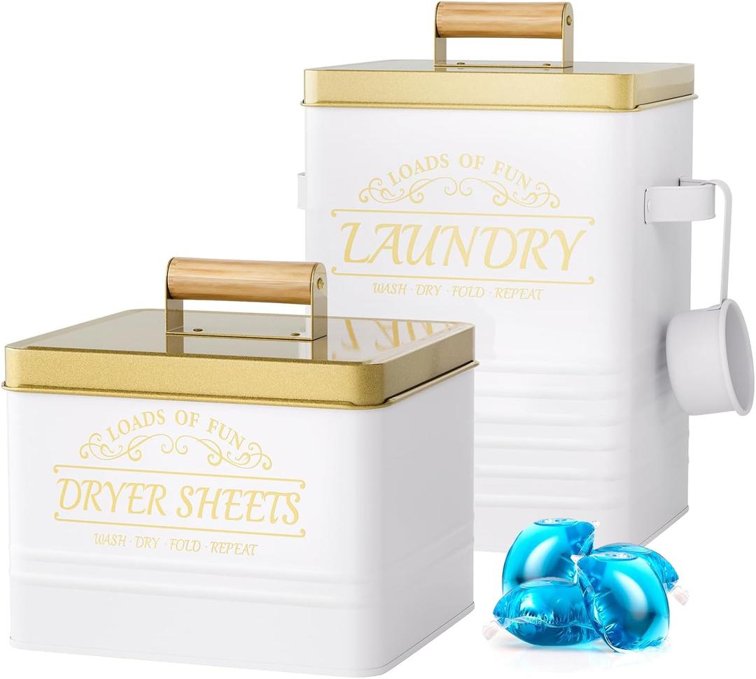 BSSN Laundry Pods Container with Dryer Sheets Holder for Laundry Room Organization and Storage, Laundry Room Organization Containers with Lids and Scoop, White Farmhouse Decor (2Box Set)