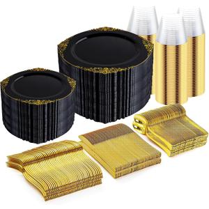 Nervure 600PCS Gold Plastic Dinnerware - Black Disposable Plates for 100 Guests - 200 Gold Disposable Plates, 300 Plastic Silverware, 100 Cups for Wedding & Party & Father's Day