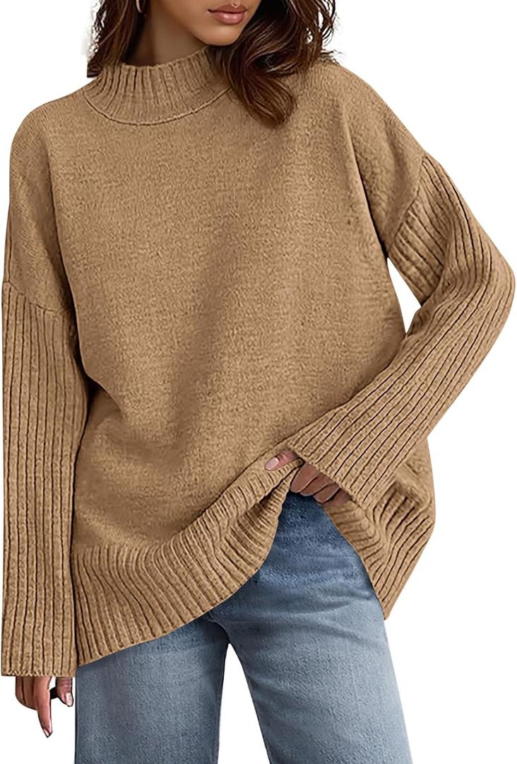 2 x PRETTYGARDEN Casual Long Sleeve Oversized Sweaters for Women 2026 Loose Mock Neck Pullover Sweater Ribbed Knit Fall Clothes (Brown, S)