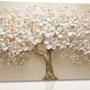 Large Tree of Life Canvas Wall Art Gold and White Big Tree Painting Picture Wall Decor Botanical Floral Poster Print Artwork for Office Living Room Dining Bedroom Home Decoration (48"L x 24"W)