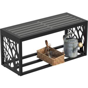 37" Outdoor Garden Bench with Storage Shelf, Modern Black Entryway Bench, Wood-Grain HDPE Seat, Galvanized Steel Frame with Powder Coating for Porch, Yard, Patio, Tree