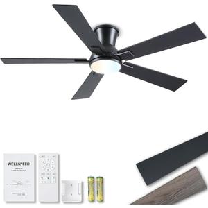 52 Inch Black Flush Mount Ceiling Fan with Light, 3CCT Dimmable LED, 6-Speed Remote Control, Reversible Motor,Quiet Low Profile Energy-Efficient for Bedroom & Living Room,ETL Listed