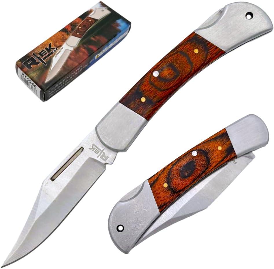 Rtek 3.75" Spanish Brown Wood Handle Pocket Knife, Lockback Traditional Folding Knife with Stainless Steel Blade for Outdoor, Survival, EDC, Camping, and Every Day Carry, Gifts for Men